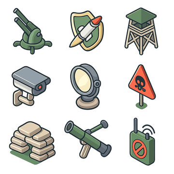Defense Systems Icons. Isometric Flat icon set of defense systems: anti-aircraft battery, missile shield, watchtower, perimeter