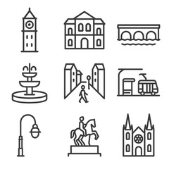 Fototapeta premium Urban Landmarks Icons. Outline icon set of urban landmarks: city clock tower, historic building, river bridge, public fountain,