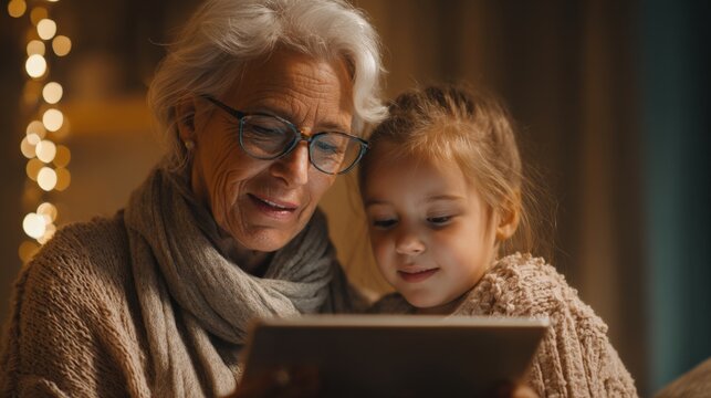 Elderly woman using tablet with help from granddaughter, digital inclusion, space for message - Powered by Adobe