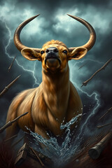 Powerful brown bull emerging from water with dramatic lightning in a stormy background