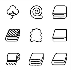 Throw Blanket Icons. Outline icon set of throw blanket materials: cotton, wool, fleece, knitted yarn, faux fur, linen, chenille,