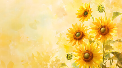 Sunflower and yellow watercolor background with copy space on a light background. Abstract floral background for banner design.