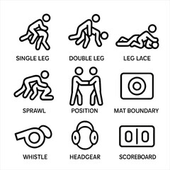 Fototapeta premium Wrestling Icon Set. Outline icon set of amateur wrestling styles: single leg takedown, double leg takedown, leg lace, sprawl,