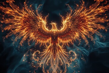 Colossal fractal phoenix wings blaze with radiant swirling flames, iridescent feathers, and kaleidoscopic shapes against a deep blue backdrop, cinematic and dreamlike.