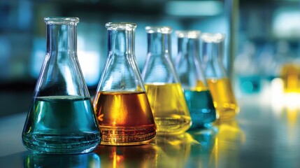 Laboratory glassware filled with colorful liquids arranged on a reflective surface in a scientific setting.