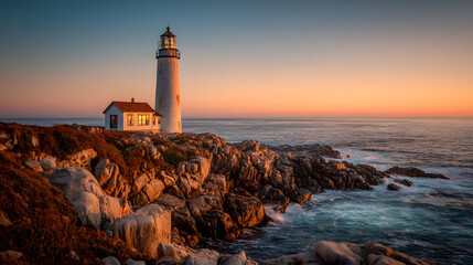 Serene coastal lighthouse at sunset on rocky cliff National Lighthouse Day
