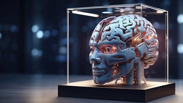 A futuristic, cybernetic human brain suspended in a high-tech lab environment, featuring metallic elements and circuitry