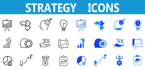 Strategy line and flat icons set. Goal, vision, mission, planning, roadmap, business model, tactics, competitive advantage, objectives icons. Editable vector illustration