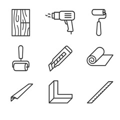 Vinyl Flooring Icon Set. Outline icon set of Vinyl Flooring Installation: vinyl plank, heat gun, seam roller, adhesive roller,