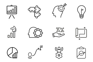 Strategy line stroke icons set. Goal, vision, mission, planning, roadmap, business model, tactics, competitive advantage, objectives icons. Editable vector illustration