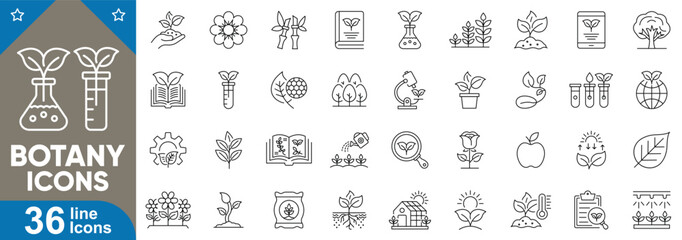 Botany line editable icons set. Includes leaf, flower, tree, seed, root, stem, sprout, petal, vine, greenhouse, nature and more. Vector illustration.