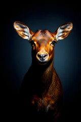 Striking close-up portrait of a brown calf against a dark background with dramatic lighting