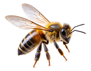 Macro View of a Flying Honey Bee with Spread Wings, isolated on transparent background