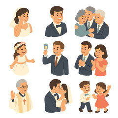 Wedding Day Emotions. Isometric Flat icon set of Wedding Day Emotions: bride wiping happy tears, groom beaming smile, parents