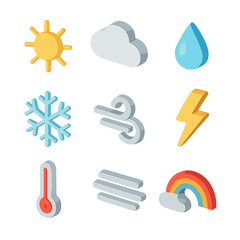 Weather Icons Set. Isometric Flat icon set of weather changes: sun, cloud, raindrop, snowflake, wind swirl, lightning bolt,