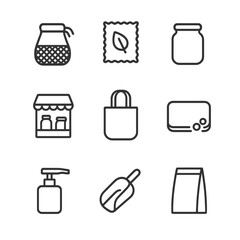 Zero Waste Icons. Outline icon set of zero waste shopping essentials: reusable produce bag, beeswax wrap, glass jar, bulk spice
