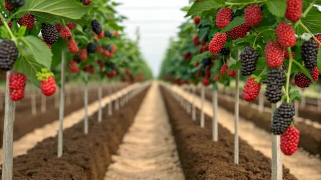 Explore a beautiful mulberry plantation, showcasing rows of trees loaded with ripe and unripe fruit, creating a delightful agricultural scene and highlighting fruit production.