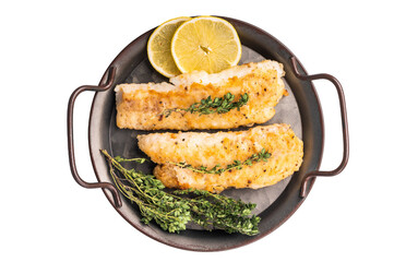 Baked Hake fish fiilet, fried whitefish meat isolated on white background