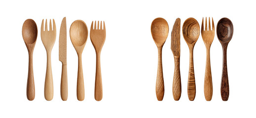 Elegant wooden cutlery set display kitchen countertop product natural light culinary arts cut out set png