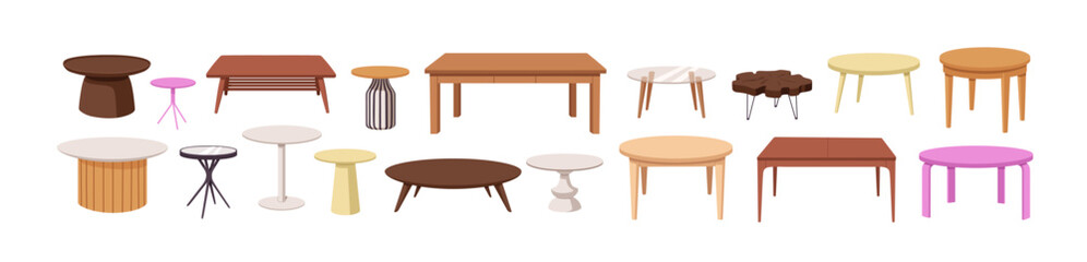 Obraz na płótnie Canvas Tables set. Wooden, glass and plastic in round and rectangle shape, large and small size, for kitchen, dining and coffee, for interior design. Flat vector illustration isolated on white background