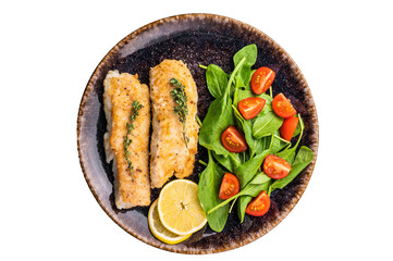Roast Cod fish fiilets, white fish meat on plate with salad isolated on white background