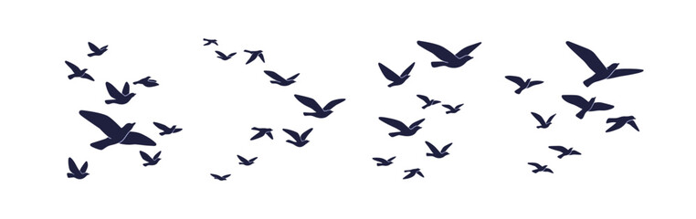 Bird flock silhouettes. Free doves in groups, fly in air. Black pigeon figure patterns, flying, soaring aloft above in sky. Freedom, migration. Flat vector illustration isolated on white background