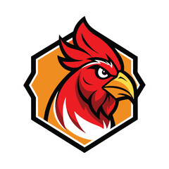 Angry rooster head mascot logo with flared feathers and fierce eyes Vector illustration
