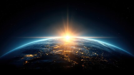 Fototapeta premium A radiant sunrise illuminates Earth's horizon from space, revealing city lights and the blue atmosphere against the vast darkness.