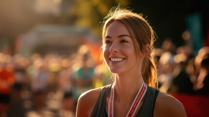 Female runner smiling after finishing race, sense of achievement, space for quote