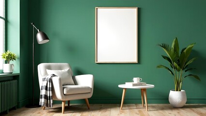 Scandy minimal interior with armchair, table, green plant and painting empty mock up
