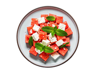 Fresh Watermelon Feta Mint Salad – Top View on White Plate