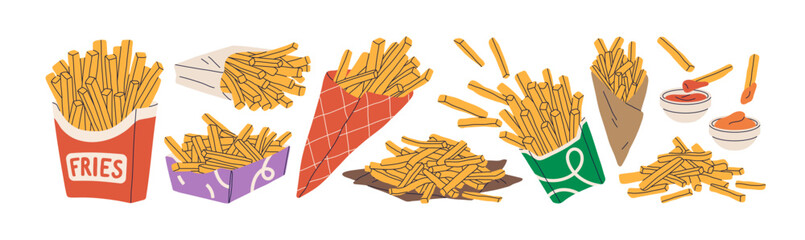 French fries set. Crispy potato chips, sticks in paper packages, cone wrapping, carton box, dip sauces, ketchup in cup bowls. Fast food, snack. Flat vector illustration isolated on white background