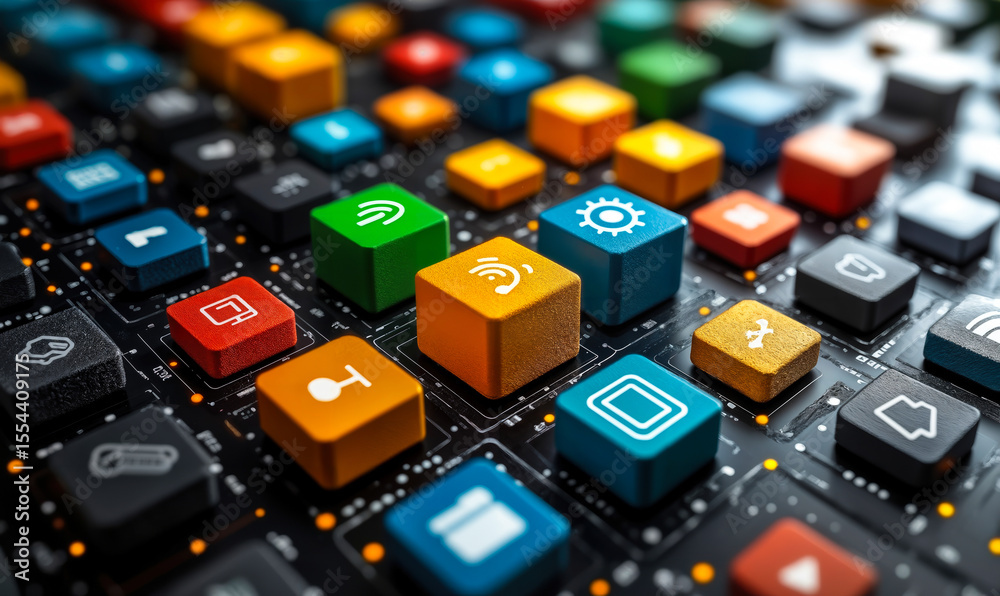Poster close up of colorful 3d digital interface icons on black computer keyboard representing technology c