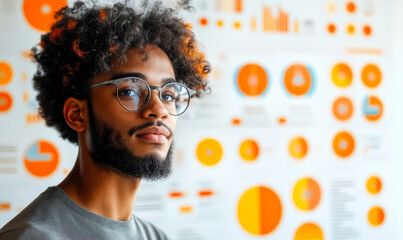 Young man with glasses analyzing colorful orange and blue data charts and graphs on white background in modern office or workspace environment for business analytics and data visualization concept