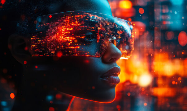 Futuristic woman wearing digital augmented reality glasses with glowing red and orange data visualization in dark high tech environment