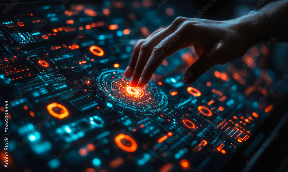 Poster hand interacting with futuristic digital interface displaying glowing orange and blue data visualiza