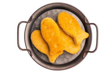 Fish fingers or fish sticks on steel tray isolated on white background. top view