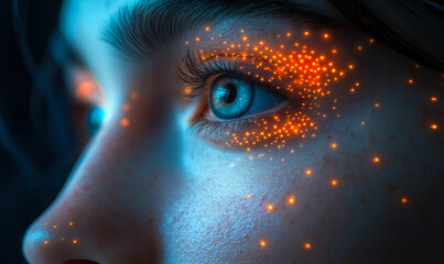 Close up of blue eye and skin with glowing orange digital dots on face in futuristic biometric identification or artificial intelligence concept with high detail textures and skin pores
