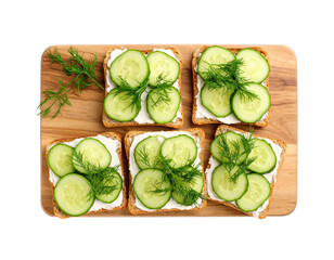 Cucumber Sandwiches with Dill on Wooden Board – Top View

