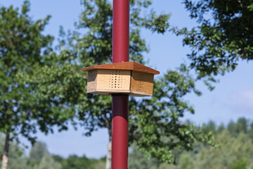 A wooden insect hotel or bee house on a red lamppost in the Netherlands, nestled within a lush natural outdoor setting, promoting local biodiversity.