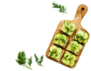 Cucumber Sandwiches with Dill on Wooden Board – Top View

