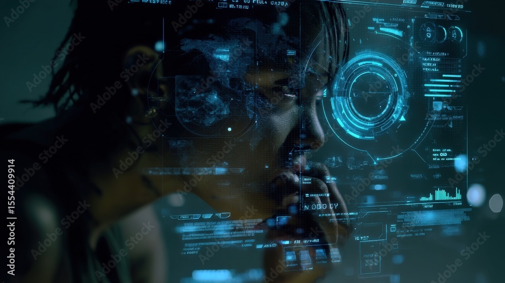 Wall mural futuristic ai interface overlay with person analyzing data, innovation theme, space for text at bott