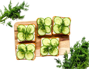 Cucumber Sandwiches with Dill on Wooden Board – Top View

