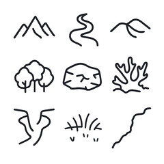 Earth Topography Icons. Outline icon set of Earth topography and geography: mountain range silhouette, river meander, desert dune,