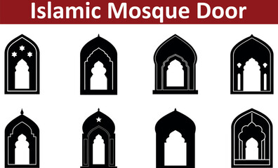 Collection of Islamic mosque door silhouettes with traditional architectural arches and decorative elements isolated on transparent background