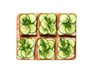 Cucumber Sandwiches with Dill on Wooden Board – Top View

