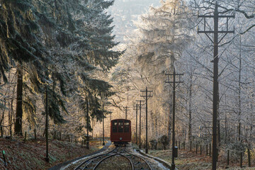 Vintage red funicular train moving through a frost-covered forest in winter evening light,...