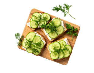 Cucumber Sandwiches with Dill on Wooden Board – Top View

