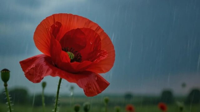 Red poppy flower under rainfall in dark moody field	