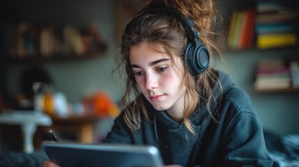 Girl with headphones watching educational video on tablet, remote learning setup, space for educational quote